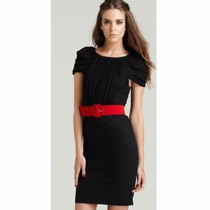 Alice + Olivia~ Devon Black Pleated Cap Sleeve Sheath LBD Dress size 8 *no belt